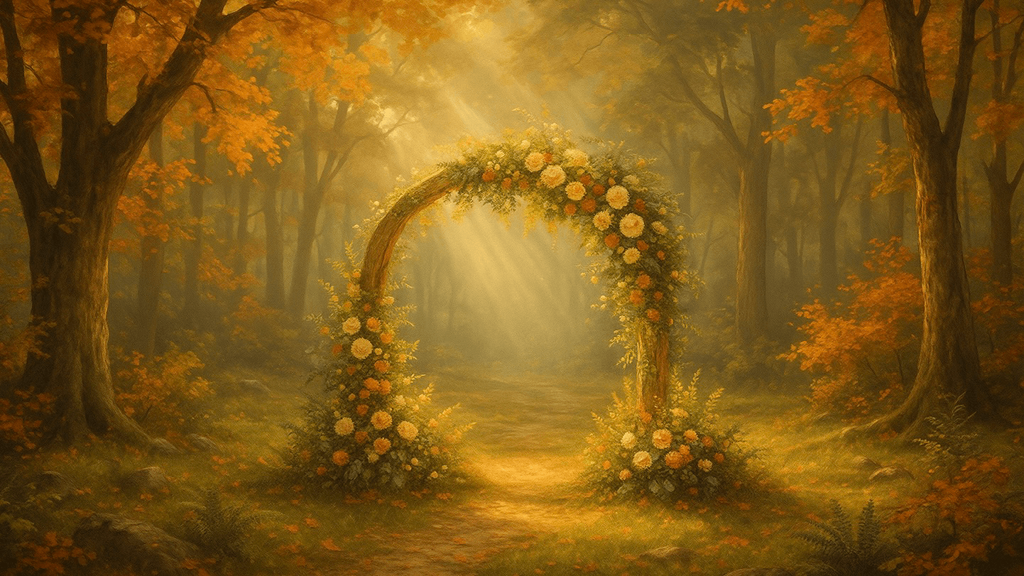 Eine herbstliche Lichtung mit Traubogen im Wald.